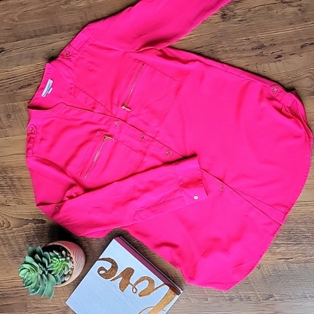 Bright Pink Calvin Klein Button Zipper Small Dressy Blouse